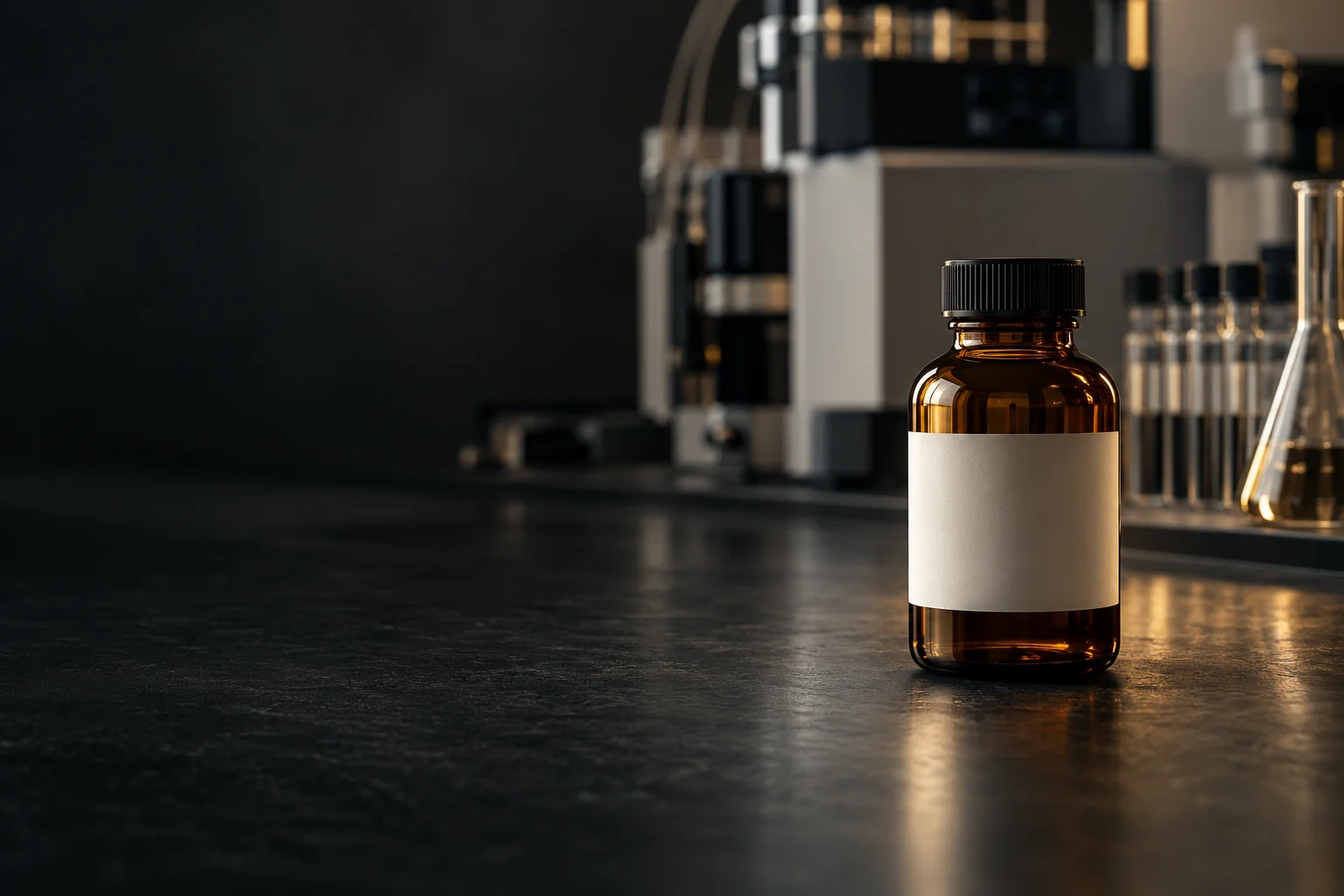 Concept laboratory scene with an amber sample bottle
